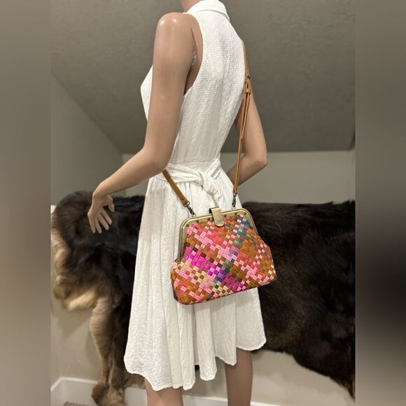 Colorful Genuine Woven Leather Retro Metal Frame & Push Lock Handbag, Crossbody - Picture 8 of 16